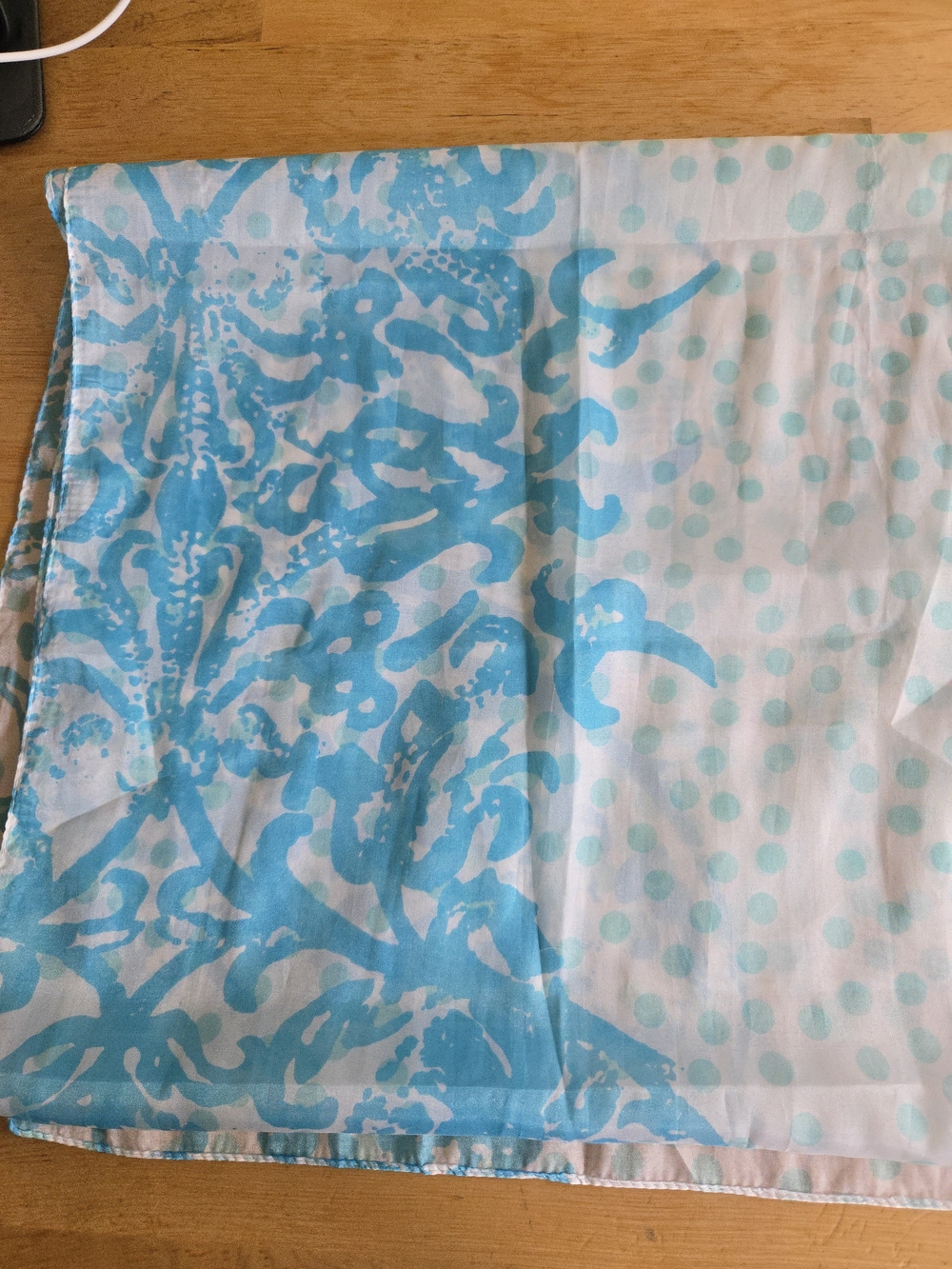 Light Blue & White Decorative Scarf with Damask and Dot Print